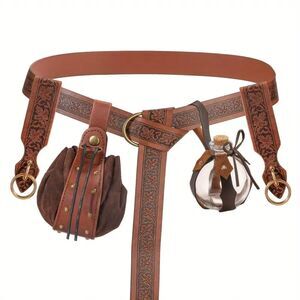 5PC Renaissance Medieval Belt Set w/ Pouch, Bottle, Hikes Faux Leather Cosplay